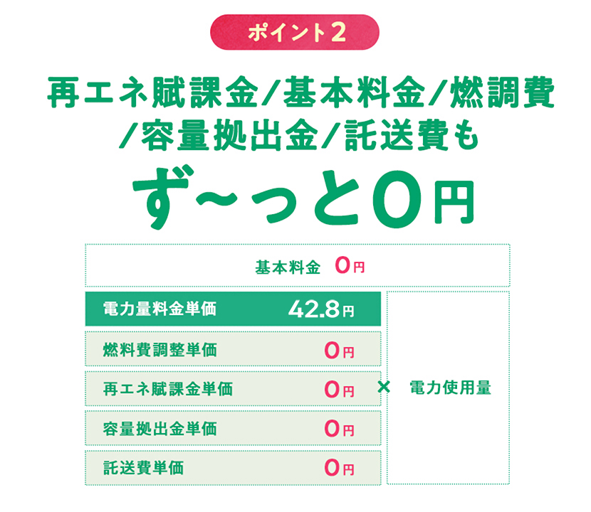 ポイント2.再エネ還付金、燃調費、基本料金もずーっと0円